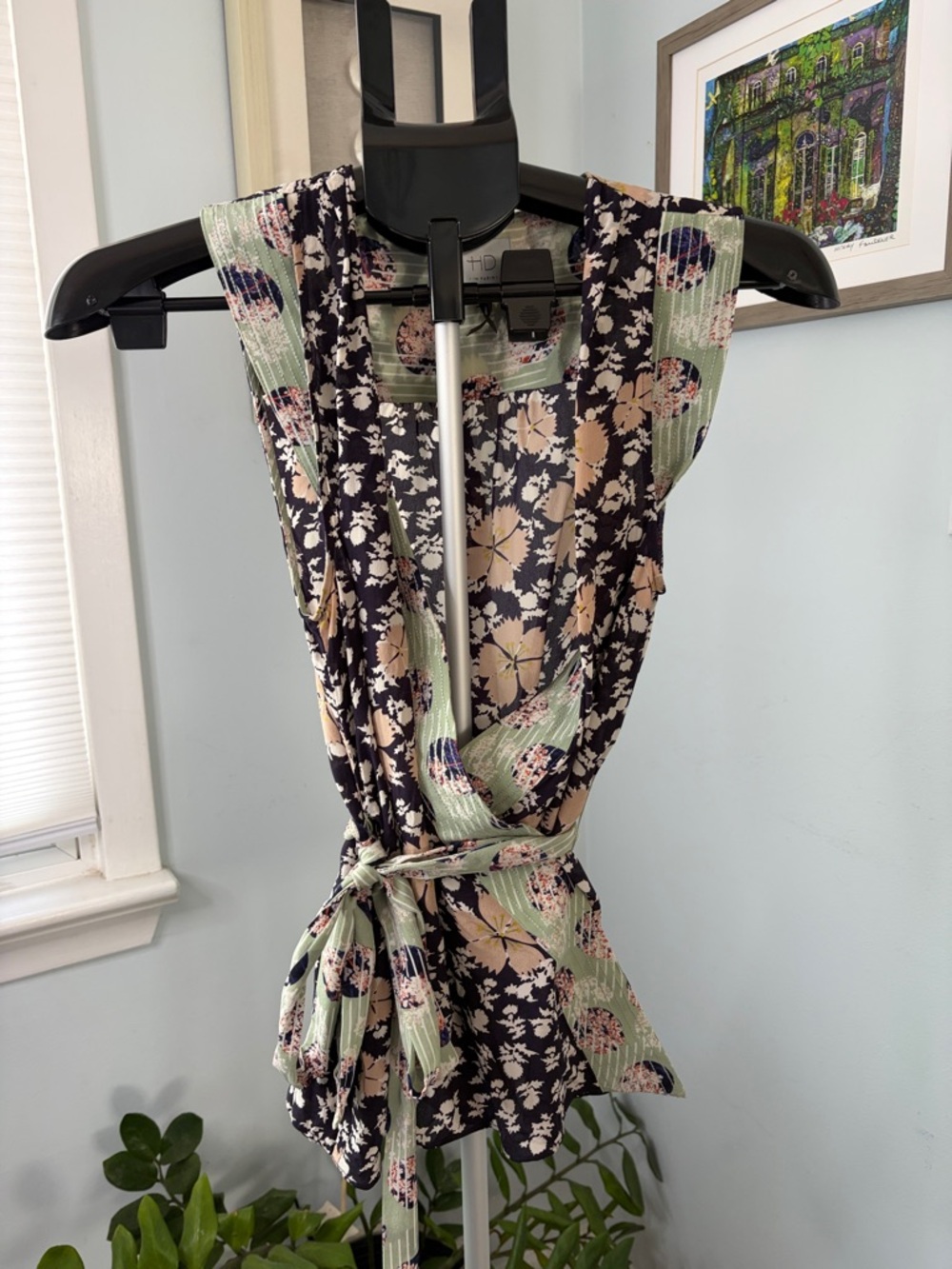 Floral Sleeveless Wrap Top in Black and Sage